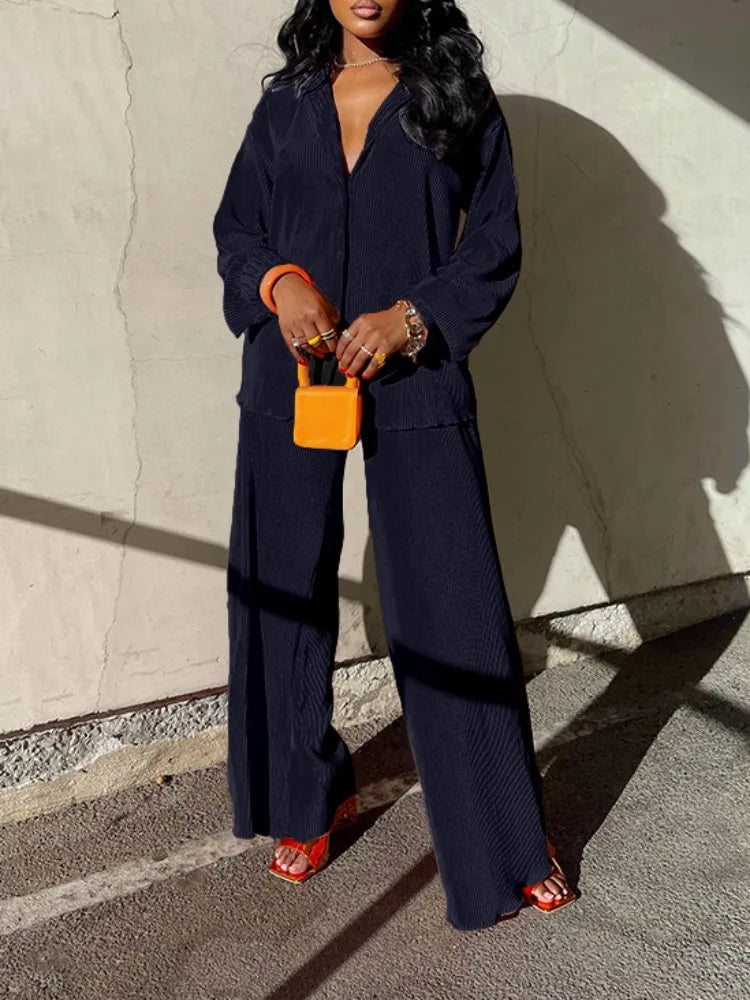 QFAF Fashion Pleated Women's Set Long Sleeve Oversized Shirt and Wide Leg Pants 2023 Elegant Tracksuit Two 2 Piece Set Outfits