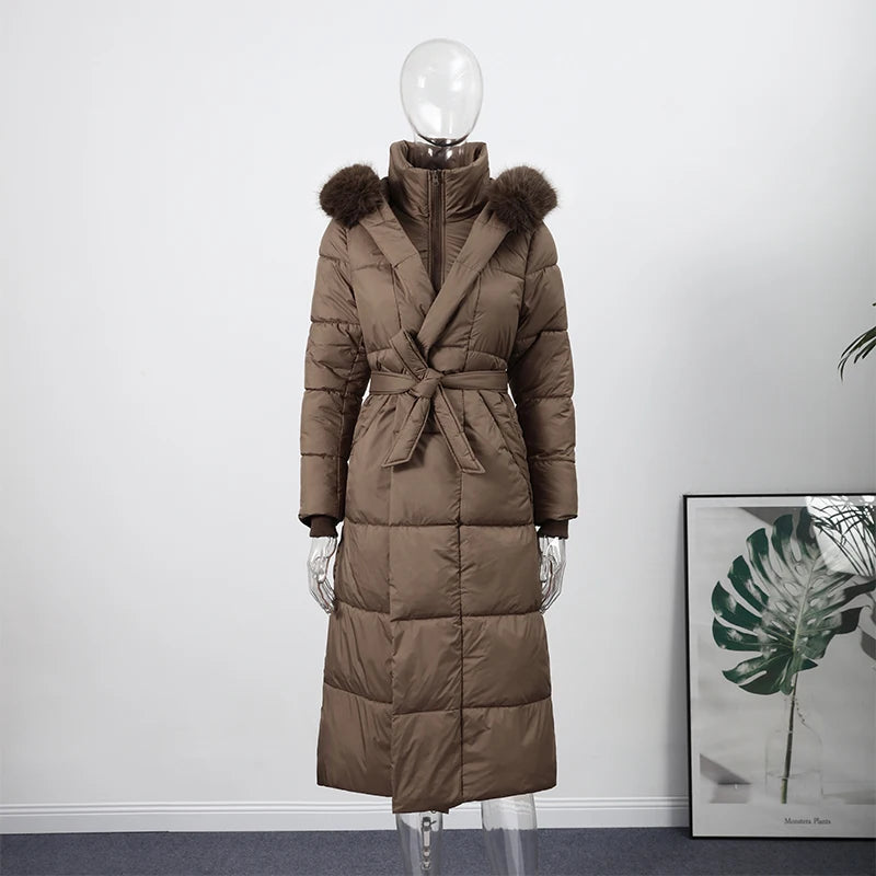 Elegant Fur Collar Hood Belt Long Cotton Jacket Women Zipper Drawstring Waist Parka Down Coat 2025 Winter Lady Warm Chic Outwear