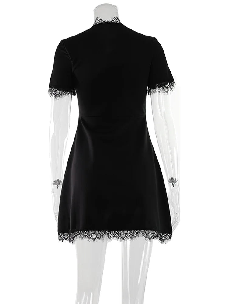 Lace Patchwork Hollow Out Bodycon Sheath High Collar Women Dresses Half Sleeves Outfits Sexy Club Fashion Female Mini Vestidos