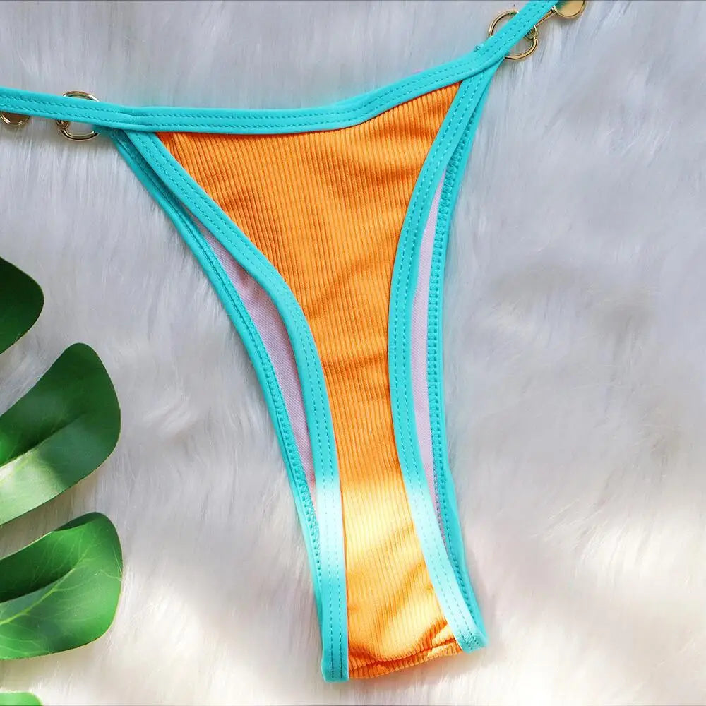 Push Up Micro Bikini Luxury Ribbed Orange Patchwork Ring Pearl Designer Swimsuit Bathing Suit Triangle Swimwear Traje De Baño