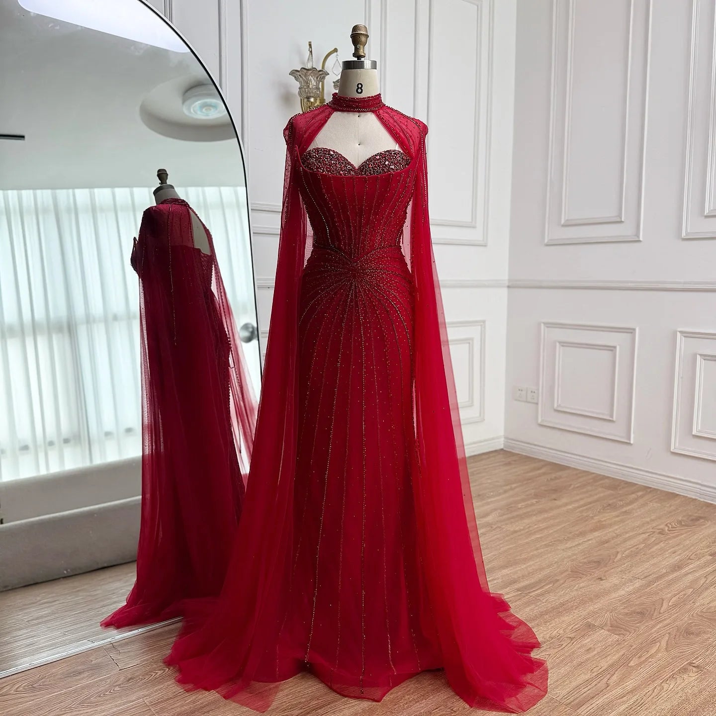 SERENE HILL Customized Arabic Red Luxury Beaded Mermaid Evening Dress 2026 Strapless With Cape Women Party Gown CLA72811A