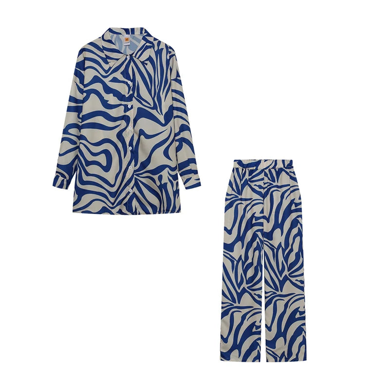 2026 Cross border Hot Edition Street Trendy Print Trouser Set Long Sleeve Full Screen Print Off Shoulder Shirt Set