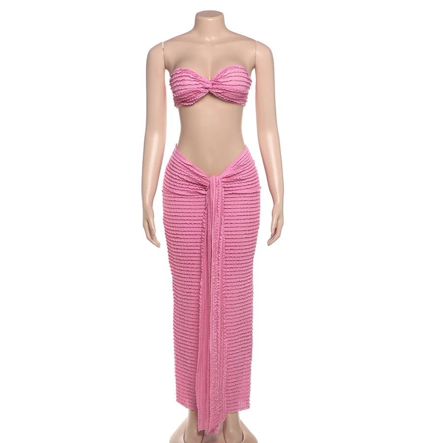 Weird Puss Elegant Women 2 Piece Set Midnight Thin Striped Knot Strapless Tops+Bandage Skirts 2023 Vacation Matching Clubwear