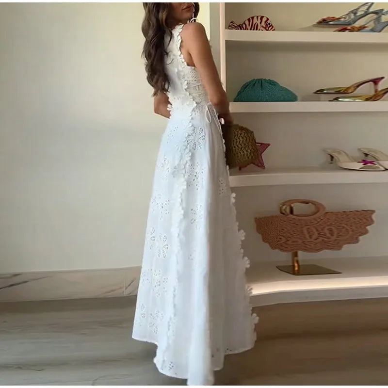 Embroidery Flower Patchwork Long Dress For Women Round Neck Sleeveless Lace Up High Waist Spliced Slim Dresses 2026 Summer New