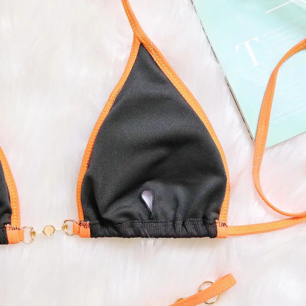 Push Up Micro Bikini Luxury Ribbed Orange Patchwork Ring Pearl Designer Swimsuit Bathing Suit Triangle Swimwear Traje De Baño