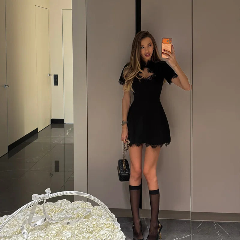 Lace Patchwork Hollow Out Bodycon Sheath High Collar Women Dresses Half Sleeves Outfits Sexy Club Fashion Female Mini Vestidos