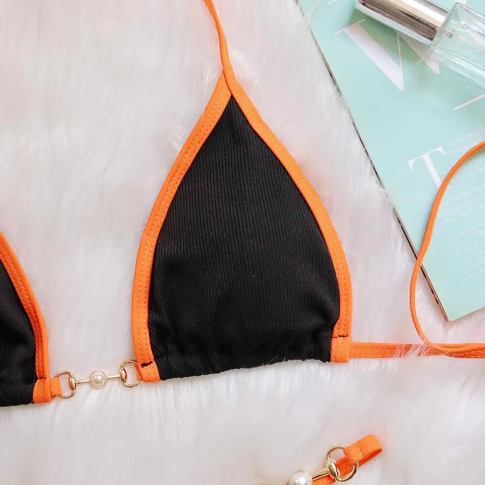 Push Up Micro Bikini Luxury Ribbed Orange Patchwork Ring Pearl Designer Swimsuit Bathing Suit Triangle Swimwear Traje De Baño
