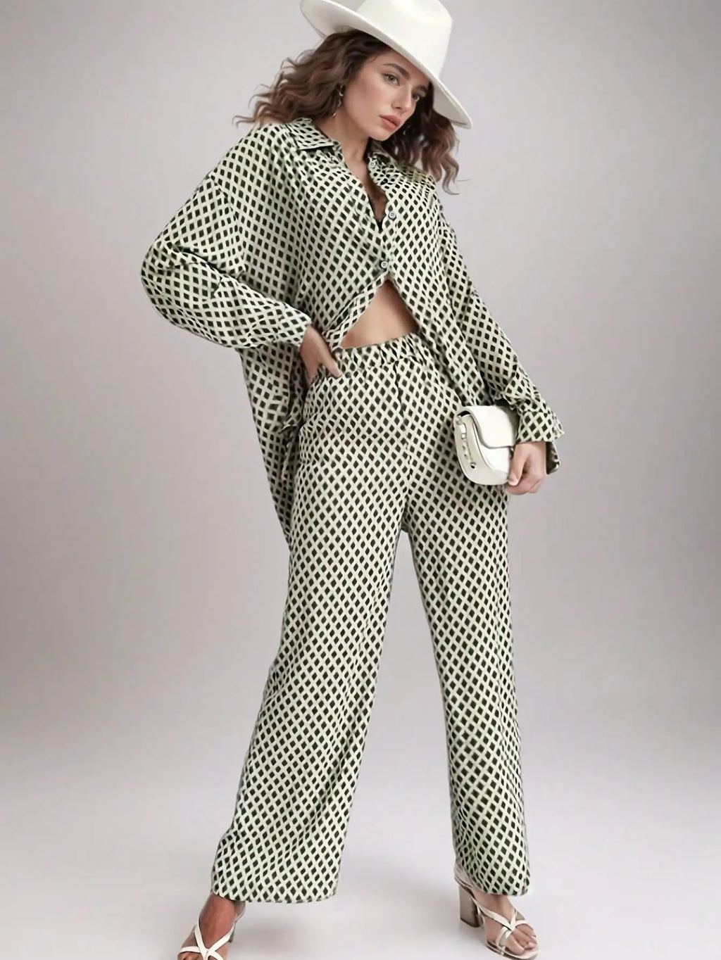 2026 Cross border Hot Edition Street Trendy Print Trouser Set Long Sleeve Full Screen Print Off Shoulder Shirt Set