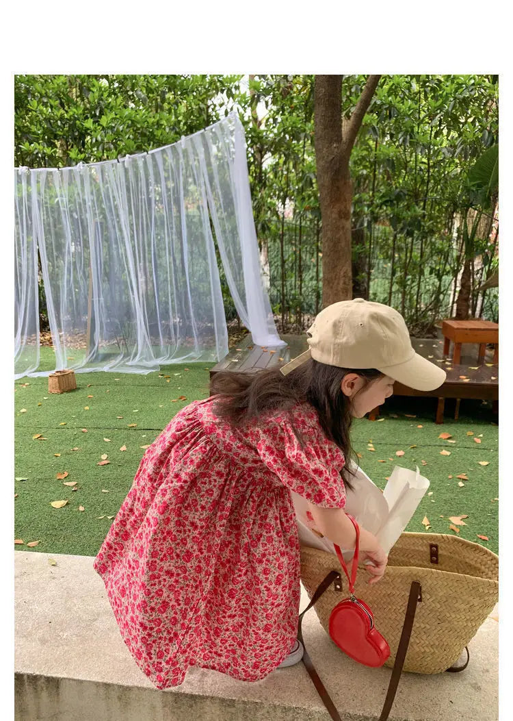 Summer Baby Girls Cotton All-Over Printed Puff Sleeves Button Back Long Dresses Kids Outfit Children Sweet Vacation Skirt 2-8 Yr