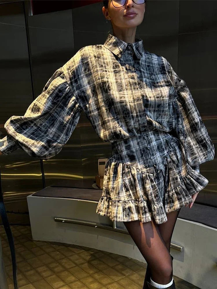 Casual Retro Plaid Women's Dresses Puff Sleeve Turndown Collar Ruffly Short Dresses Women New Fashion Vintage Loose Dress