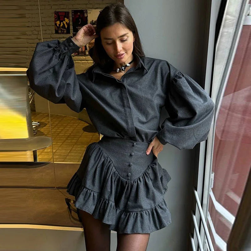 Casual Retro Plaid Women's Dresses Puff Sleeve Turndown Collar Ruffly Short Dresses Women New Fashion Vintage Loose Dress
