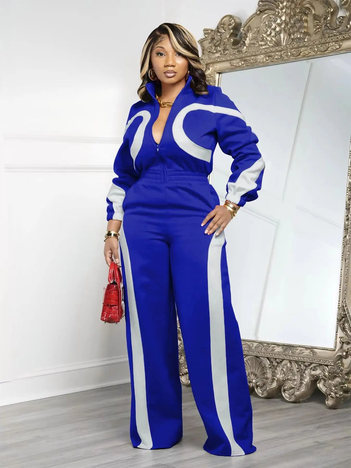 Weird Puss Sporty Patchwork Jumpsuit Women Casual Lapel Spring Ternd Full Sleeve Zip Stretch Hipster Streetwear Straight Overall