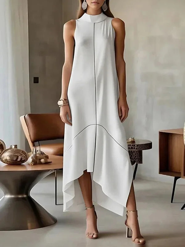 UOOZEE 2025 New Urban Female Office Formal High Neck Maxi Dresses Sleeveless Asymmetrical Elegant Party Prom A-line Dress