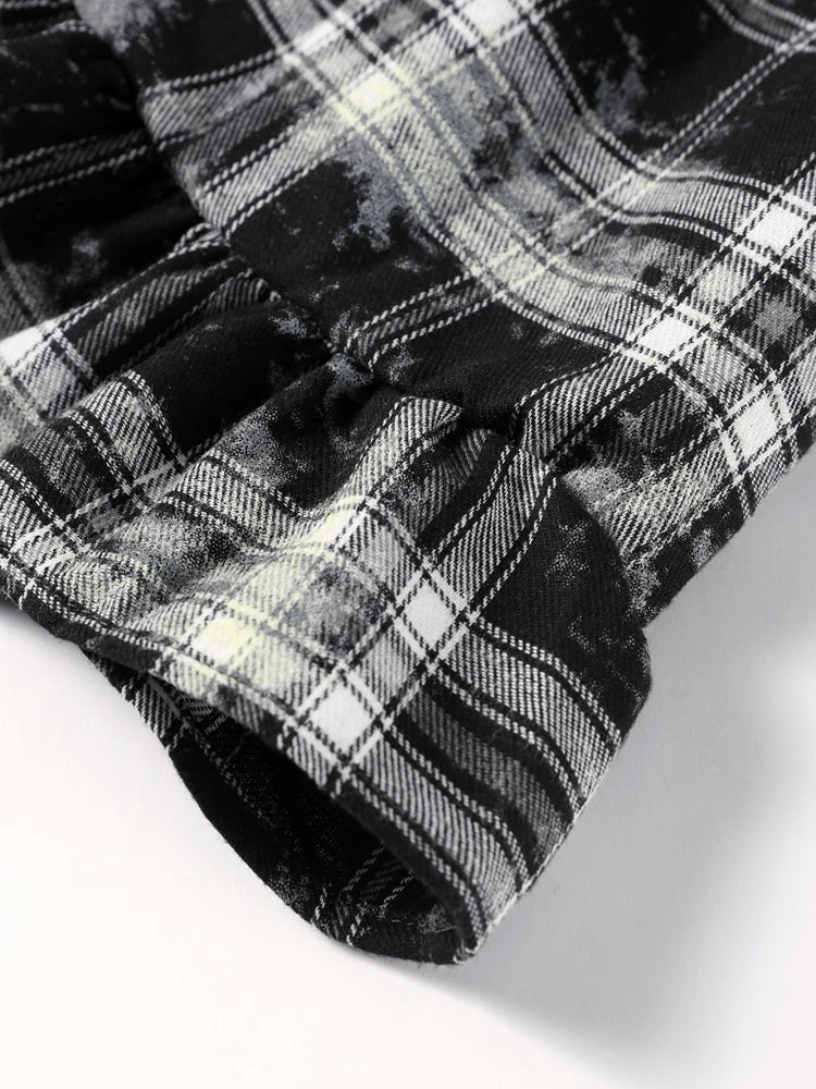 Casual Retro Plaid Women's Dresses Puff Sleeve Turndown Collar Ruffly Short Dresses Women New Fashion Vintage Loose Dress