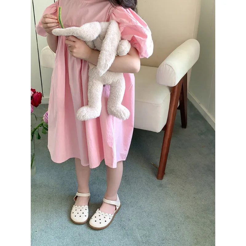 Kids Babys Girls Dress Summer New Vacation Bubble Short Sleeve Little Girls Dress French Solid Thin Belle Girls Princess Dresses