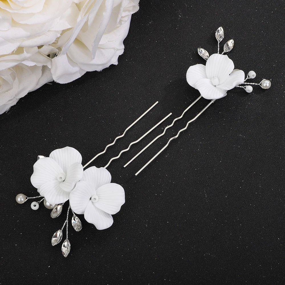 Silver Flower Bridal Headpiece Suit Pearl Hair Comb for Women Rhinestone Wedding Hairpins Party  Earring Hair Accessories Tiara