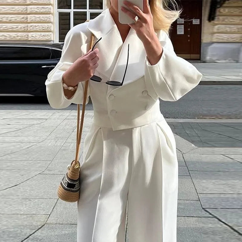 CM.YAYA Fashion Women's Set Long Sleeve Slim Blazer and Wide Leg Pants 2024 Fall OL Workout Two 2 Piece Sets Outfit Tracksuit