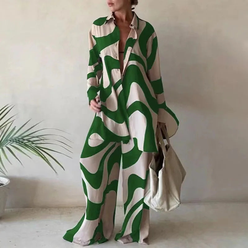 Women's Fashion Printed Long Sleeve Shirt And Straight Leg Pants Set European American Style Loose Fit Clothing Outfit