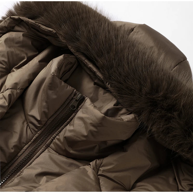 Elegant Fur Collar Hood Belt Long Cotton Jacket Women Zipper Drawstring Waist Parka Down Coat 2025 Winter Lady Warm Chic Outwear