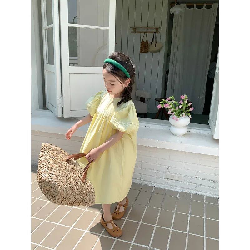 Kids Babys Girls Dress Summer New Vacation Bubble Short Sleeve Little Girls Dress French Solid Thin Belle Girls Princess Dresses