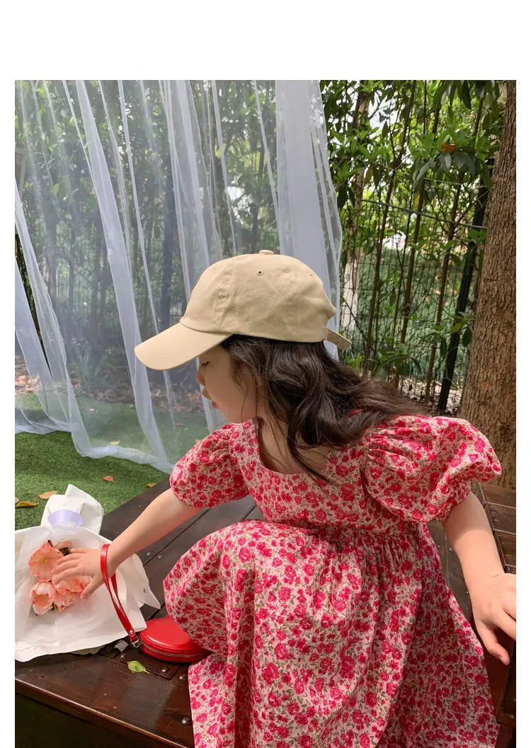 Summer Baby Girls Cotton All-Over Printed Puff Sleeves Button Back Long Dresses Kids Outfit Children Sweet Vacation Skirt 2-8 Yr