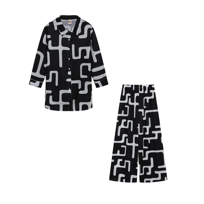 Women's Fashion Printed Long Sleeve Shirt And Straight Leg Pants Set European American Style Loose Fit Clothing Outfit