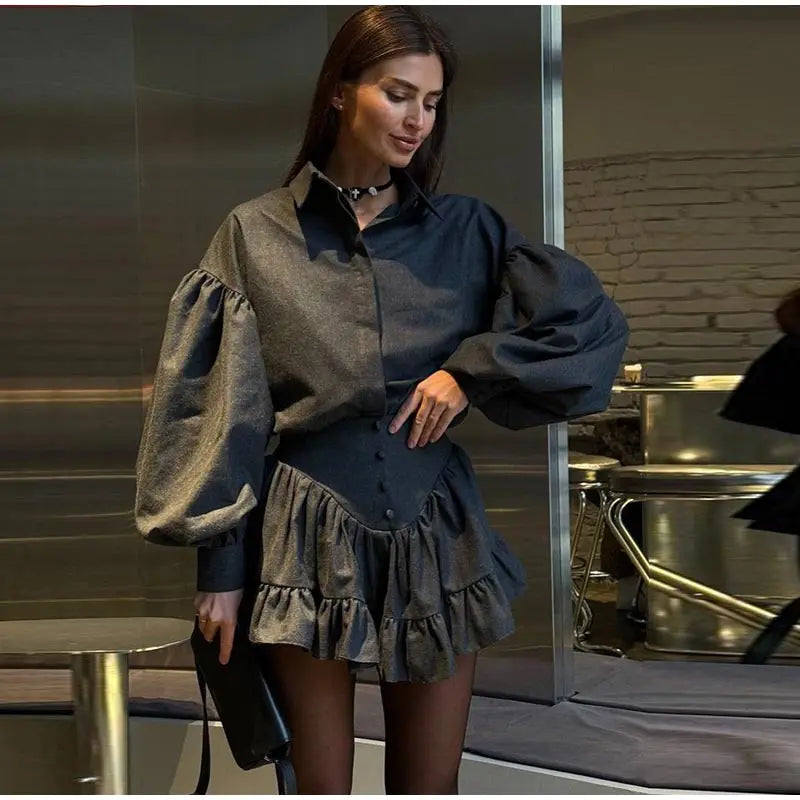 Casual Retro Plaid Women's Dresses Puff Sleeve Turndown Collar Ruffly Short Dresses Women New Fashion Vintage Loose Dress