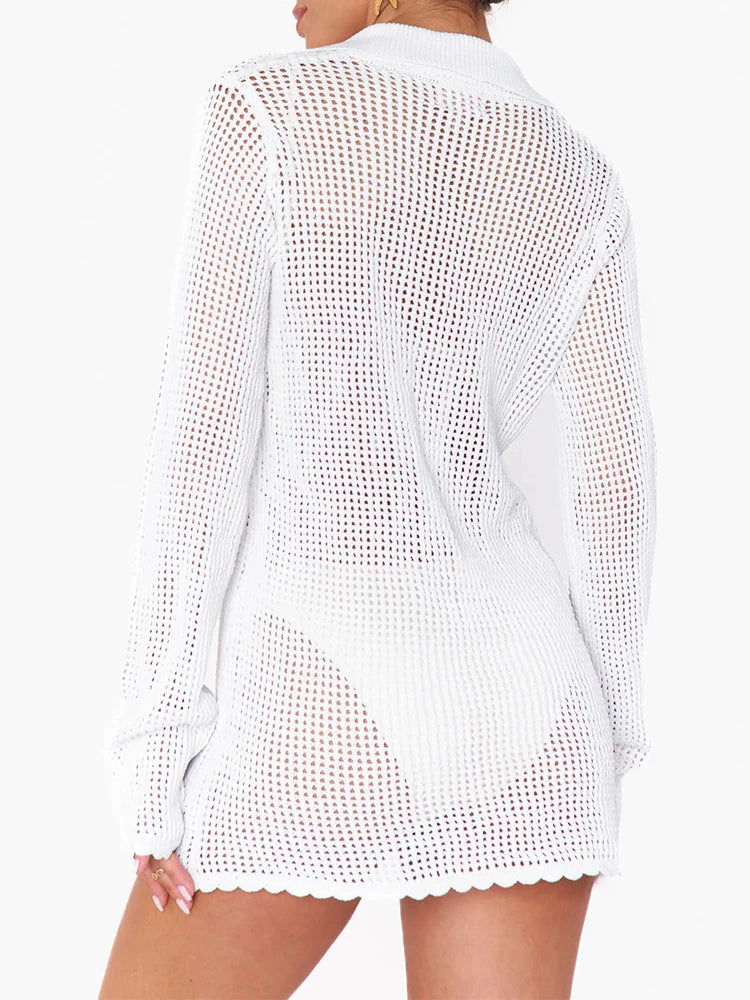 2026 Summer Women's Loose V Neck Button Cardigan Women's Sexy Knit Beach Mini Dress Swimsuit Cover Up Casual Vacation Wear K187
