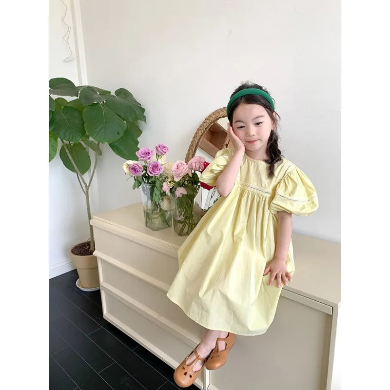 Kids Babys Girls Dress Summer New Vacation Bubble Short Sleeve Little Girls Dress French Solid Thin Belle Girls Princess Dresses