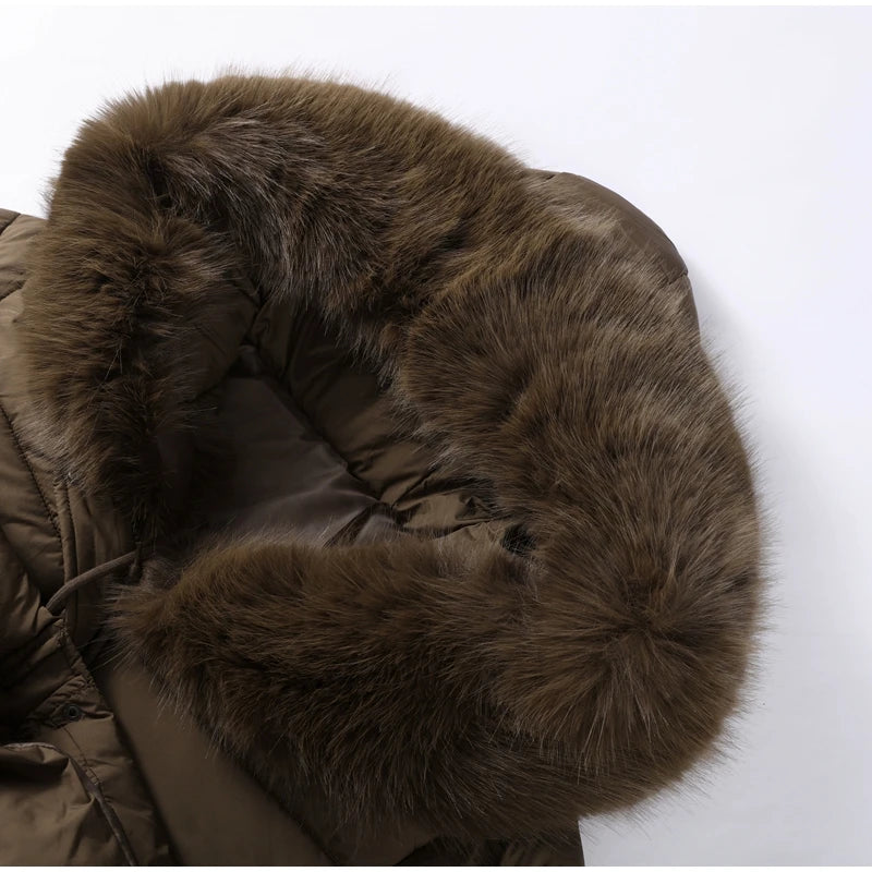 Elegant Fur Collar Hood Belt Long Cotton Jacket Women Zipper Drawstring Waist Parka Down Coat 2025 Winter Lady Warm Chic Outwear