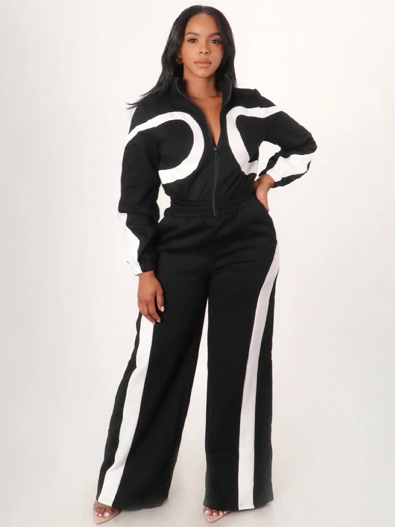 Weird Puss Sporty Patchwork Jumpsuit Women Casual Lapel Spring Ternd Full Sleeve Zip Stretch Hipster Streetwear Straight Overall