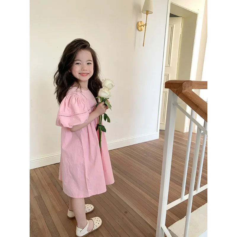 Kids Babys Girls Dress Summer New Vacation Bubble Short Sleeve Little Girls Dress French Solid Thin Belle Girls Princess Dresses
