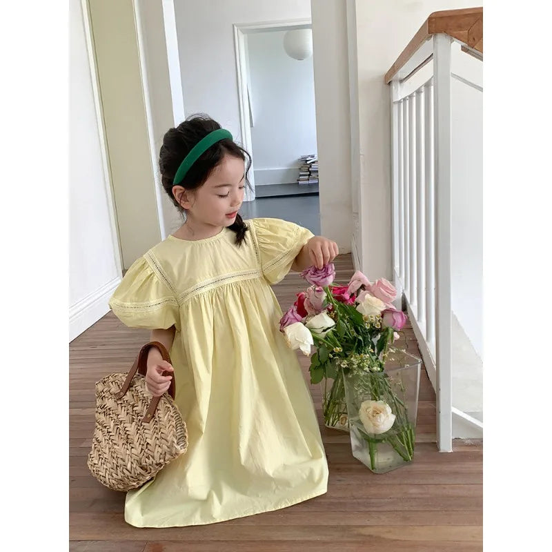 Kids Babys Girls Dress Summer New Vacation Bubble Short Sleeve Little Girls Dress French Solid Thin Belle Girls Princess Dresses