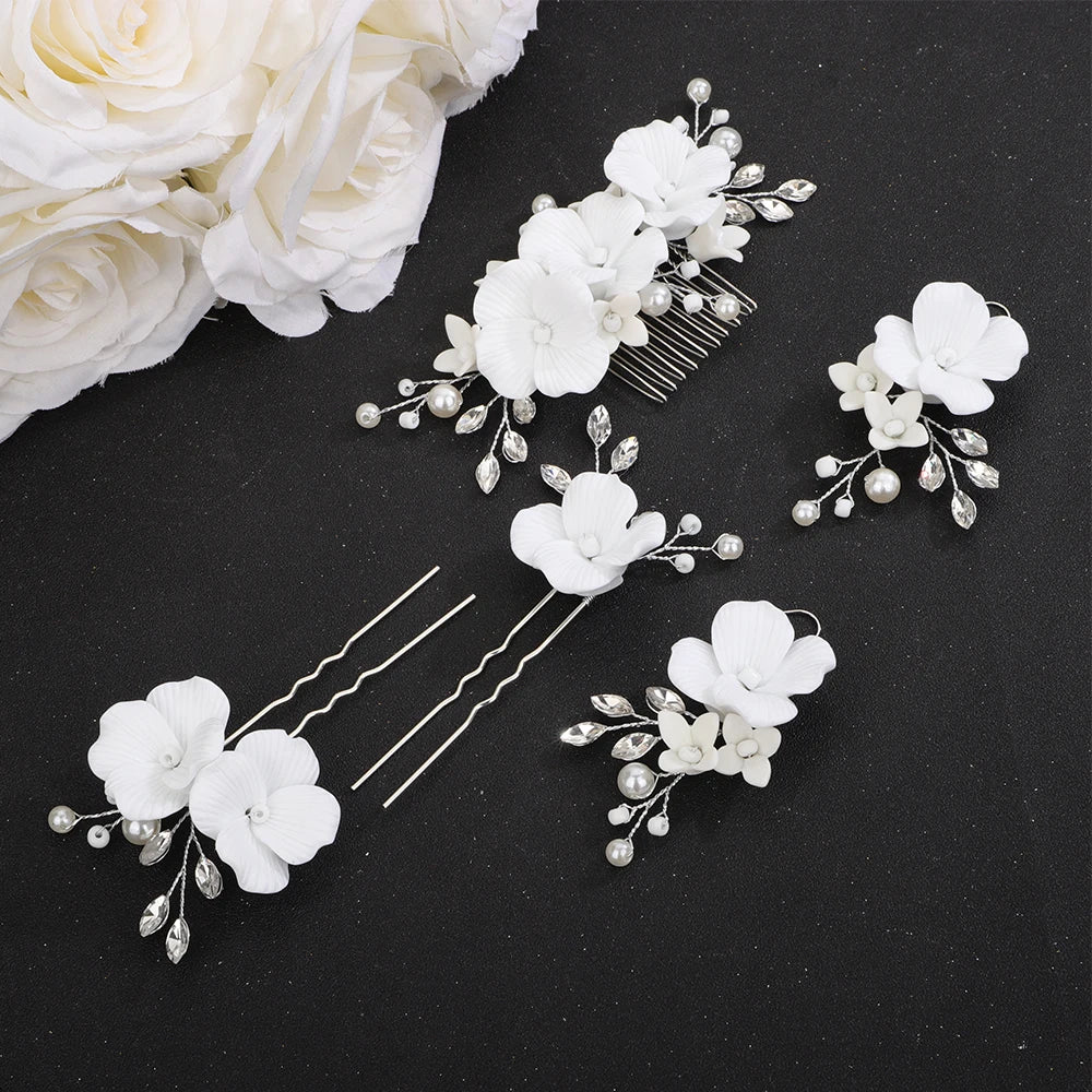 Silver Flower Bridal Headpiece Suit Pearl Hair Comb for Women Rhinestone Wedding Hairpins Party  Earring Hair Accessories Tiara