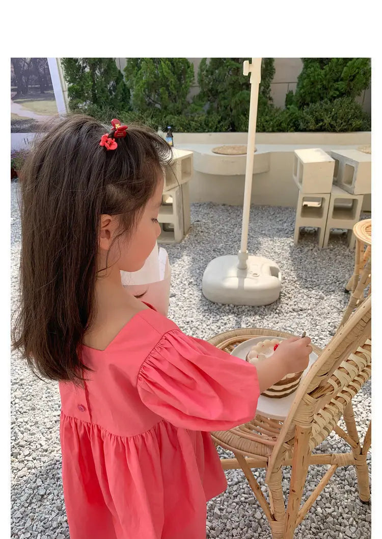 Summer Baby Girls Cotton All-Over Printed Puff Sleeves Button Back Long Dresses Kids Outfit Children Sweet Vacation Skirt 2-8 Yr