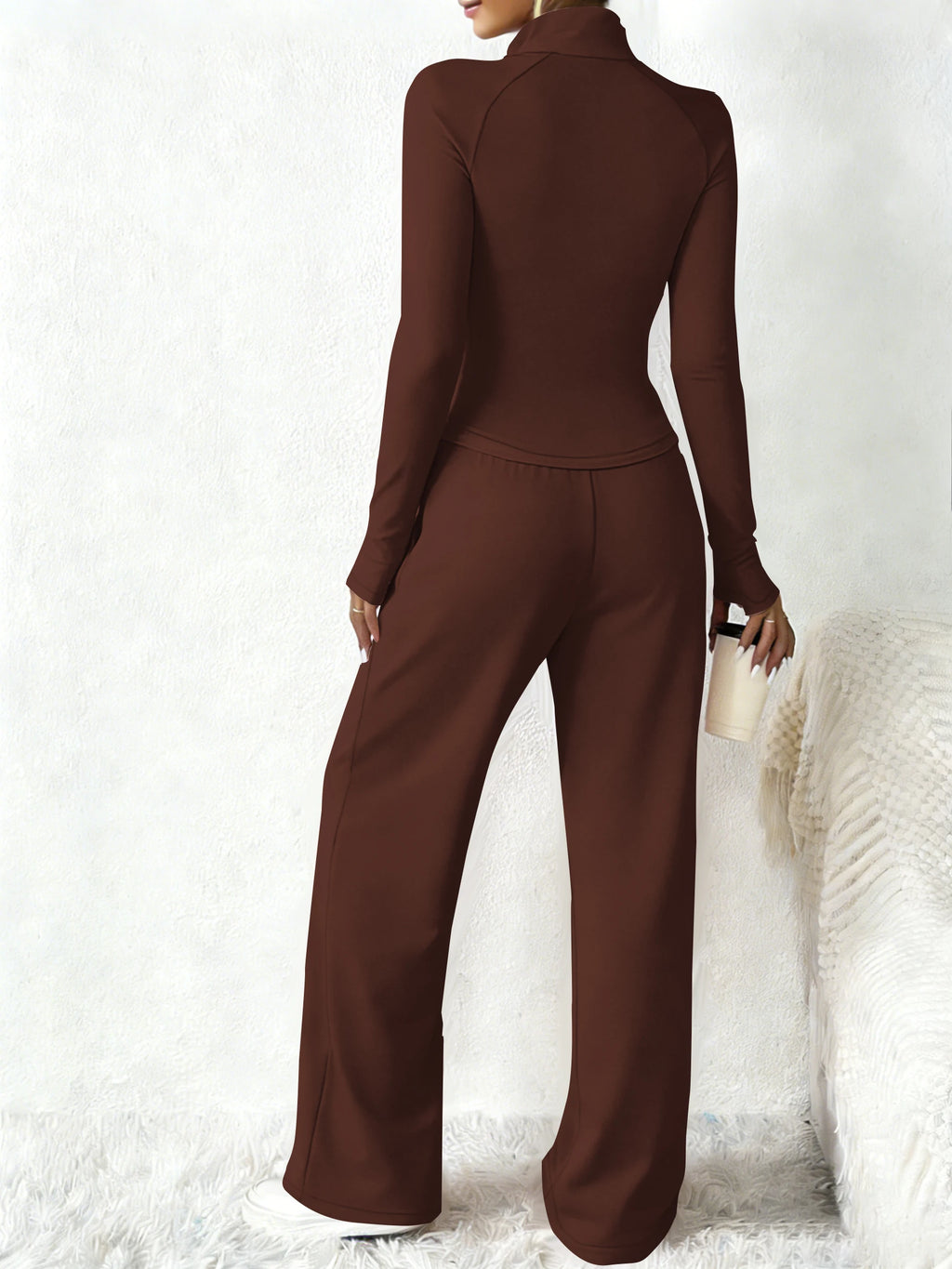 Women's Casual Sportswear Tracksuit Spring Autumn Zip-Up Stand Collar Slim Top High Waist Wide Leg Pants 2-Piece Set