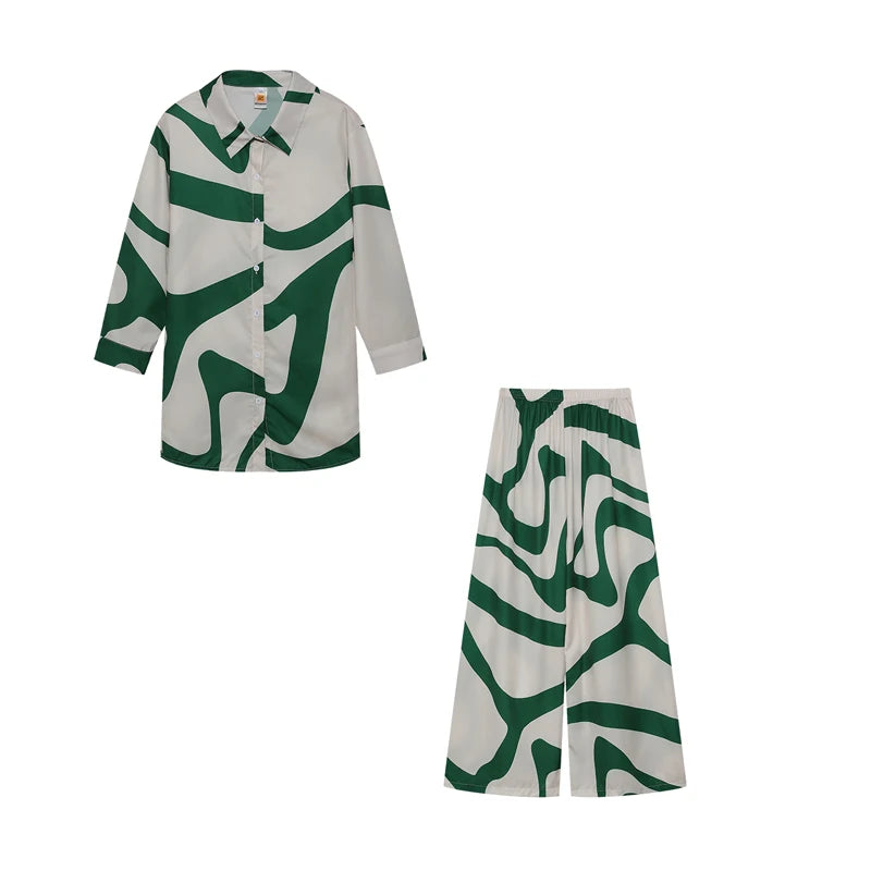 Women's Fashion Printed Long Sleeve Shirt And Straight Leg Pants Set European American Style Loose Fit Clothing Outfit