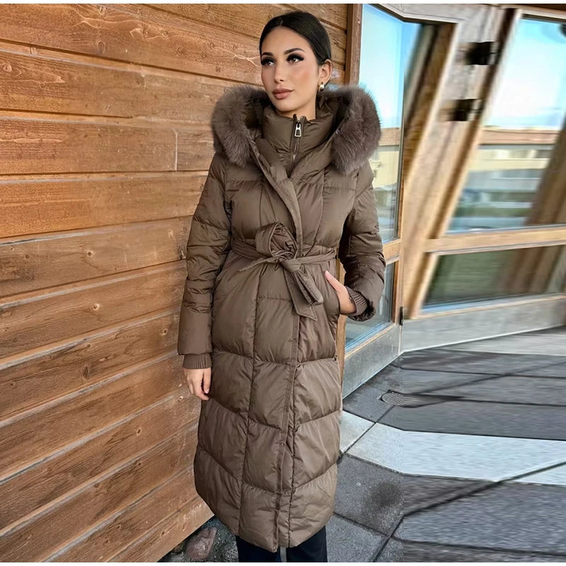Elegant Fur Collar Hood Belt Long Cotton Jacket Women Zipper Drawstring Waist Parka Down Coat 2025 Winter Lady Warm Chic Outwear