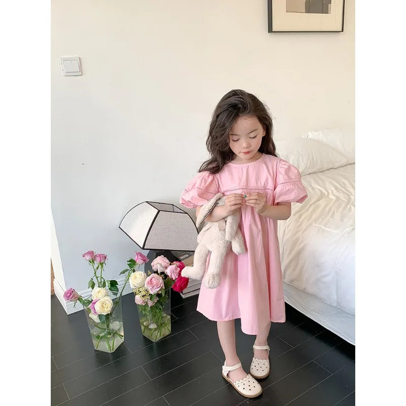 Kids Babys Girls Dress Summer New Vacation Bubble Short Sleeve Little Girls Dress French Solid Thin Belle Girls Princess Dresses