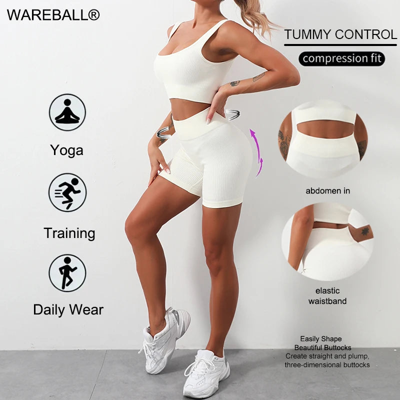 WAREBALL Fashion Sport Wear Gameset Yoga Seamless High Stretch Sports Bra With Biker Shorts Set Casual Workout Women Set