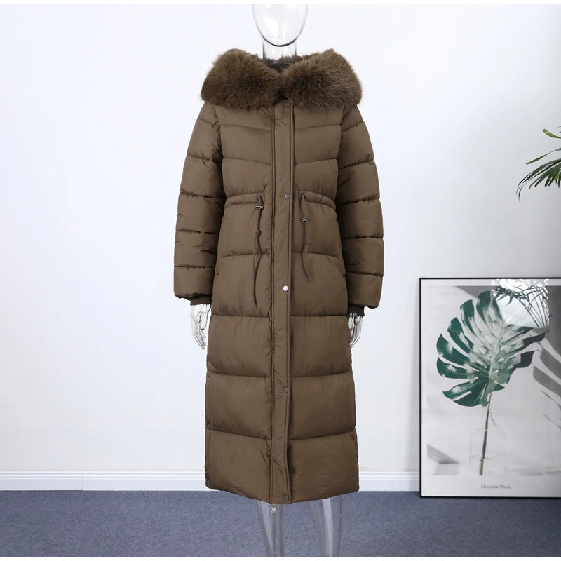 Elegant Fur Collar Hood Belt Long Cotton Jacket Women Zipper Drawstring Waist Parka Down Coat 2025 Winter Lady Warm Chic Outwear