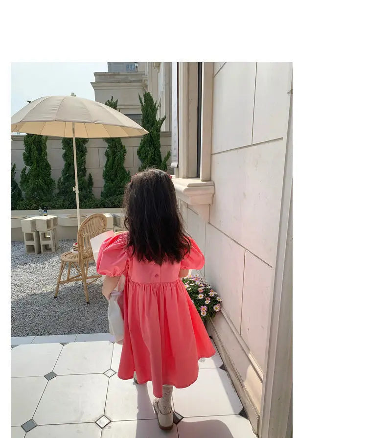 Summer Baby Girls Cotton All-Over Printed Puff Sleeves Button Back Long Dresses Kids Outfit Children Sweet Vacation Skirt 2-8 Yr