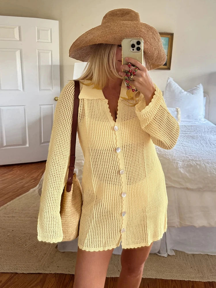 2026 Summer Women's Loose V Neck Button Cardigan Women's Sexy Knit Beach Mini Dress Swimsuit Cover Up Casual Vacation Wear K187