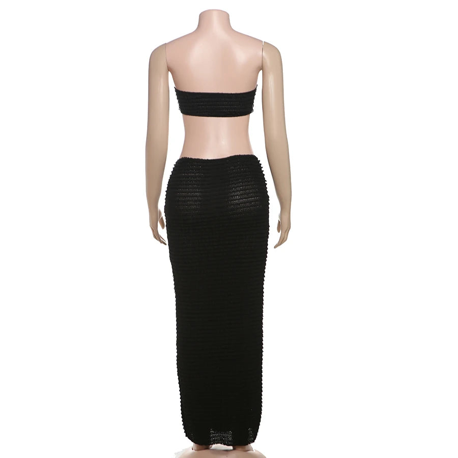 Weird Puss Elegant Women 2 Piece Set Midnight Thin Striped Knot Strapless Tops+Bandage Skirts 2023 Vacation Matching Clubwear
