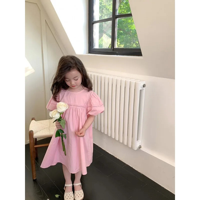 Kids Babys Girls Dress Summer New Vacation Bubble Short Sleeve Little Girls Dress French Solid Thin Belle Girls Princess Dresses