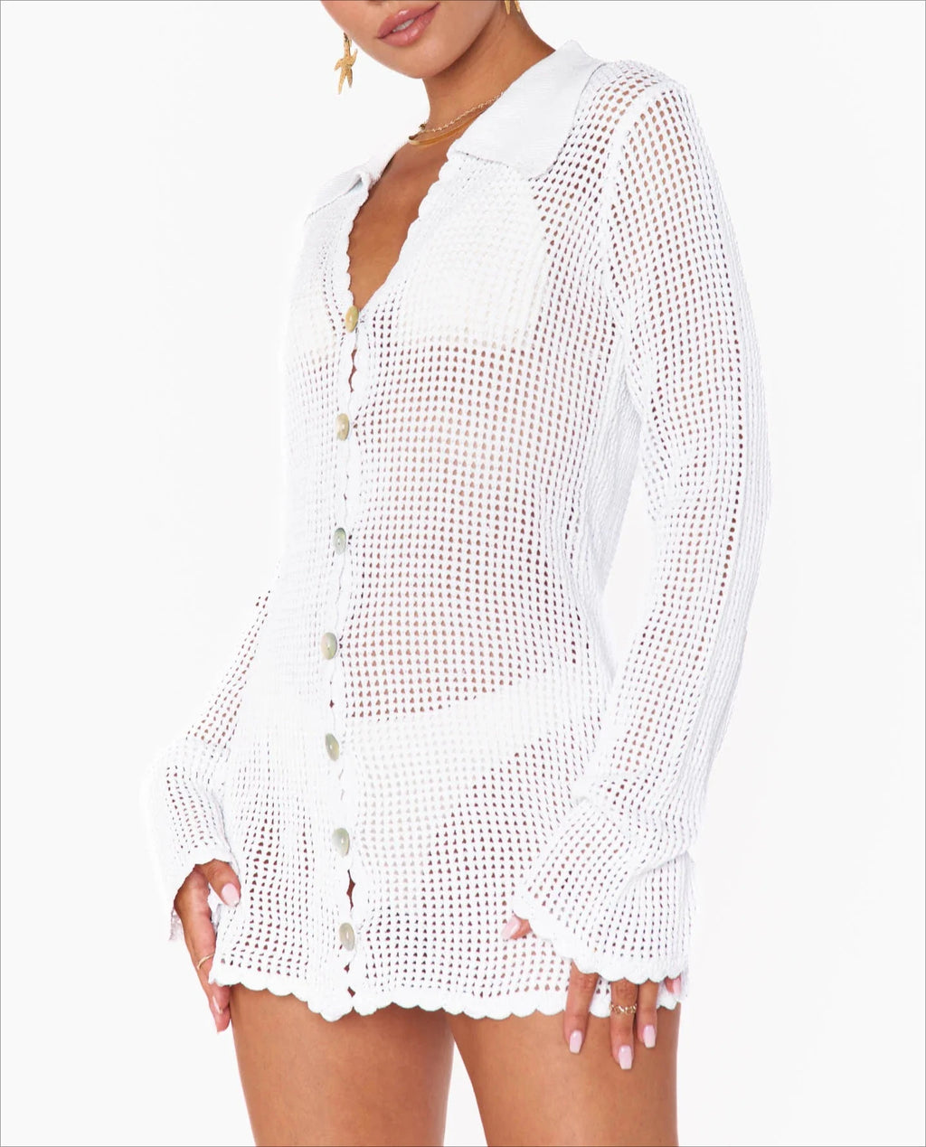 2026 Summer Women's Loose V Neck Button Cardigan Women's Sexy Knit Beach Mini Dress Swimsuit Cover Up Casual Vacation Wear K187