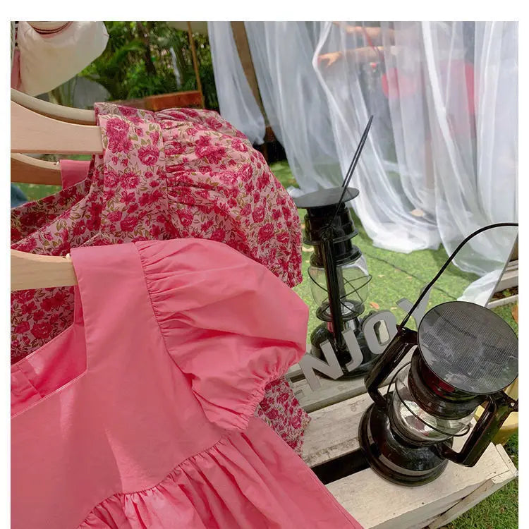 Summer Baby Girls Cotton All-Over Printed Puff Sleeves Button Back Long Dresses Kids Outfit Children Sweet Vacation Skirt 2-8 Yr