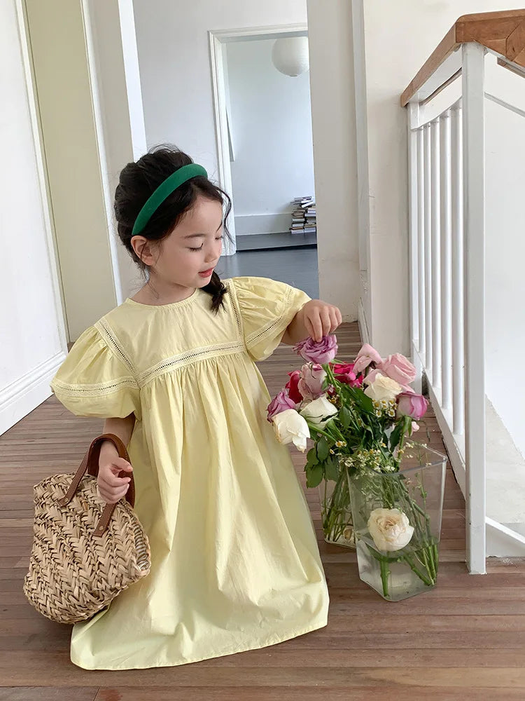 Girls Dress Holiday Style Sweet Bubble Sleeve 2-8Years Old Yellow Pink Knee-length Children's Clothing Princess Dresses