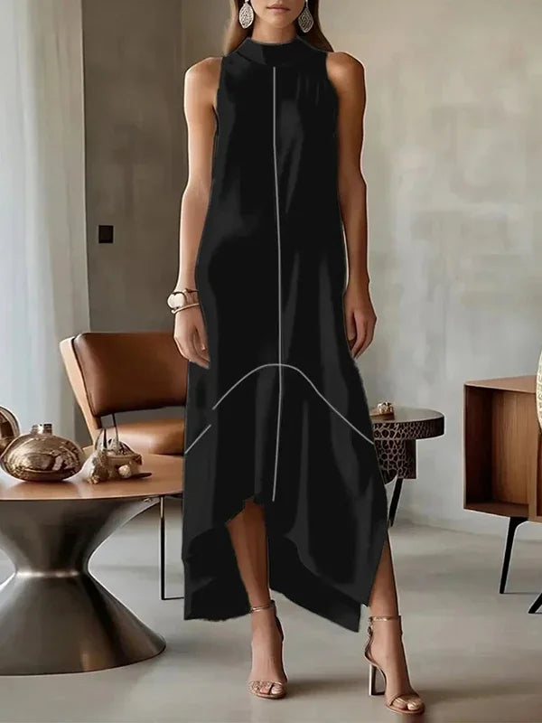 UOOZEE 2025 New Urban Female Office Formal High Neck Maxi Dresses Sleeveless Asymmetrical Elegant Party Prom A-line Dress