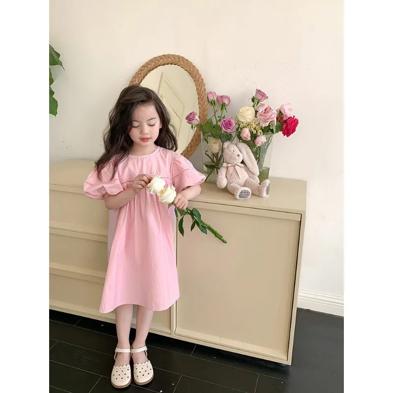 Kids Babys Girls Dress Summer New Vacation Bubble Short Sleeve Little Girls Dress French Solid Thin Belle Girls Princess Dresses